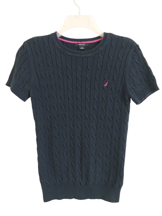 Nautica Sweaters - Nautica Navy Cable Knit Short Sleeve Sweater Top with Pink Logo Like New Size S